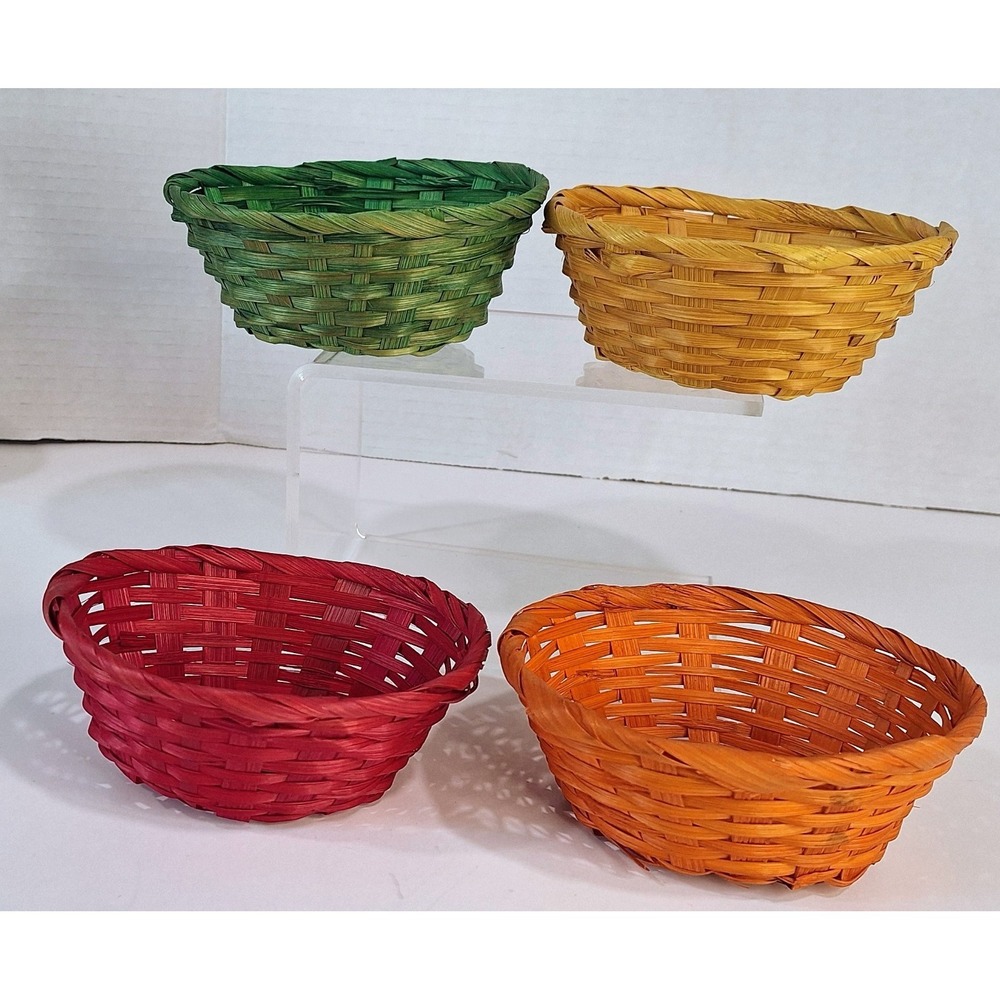 Vintage Colorful Woven Bamboo Baskets‎ Set of 4 Red Orange Yellow Green Taiwan